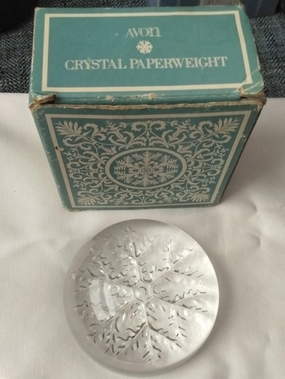 Vintage Avon Clear Crystal Snowflake Paperweight with Teal Box Accent